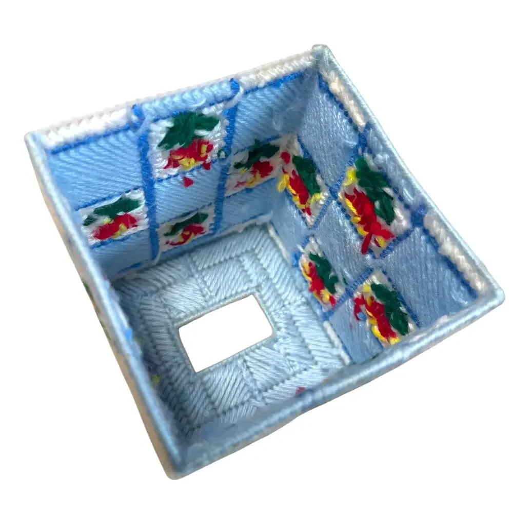 Vintage Handmade Yarn Tissue Box Cover Blue Floral Plastic Canvas Needlepoint
